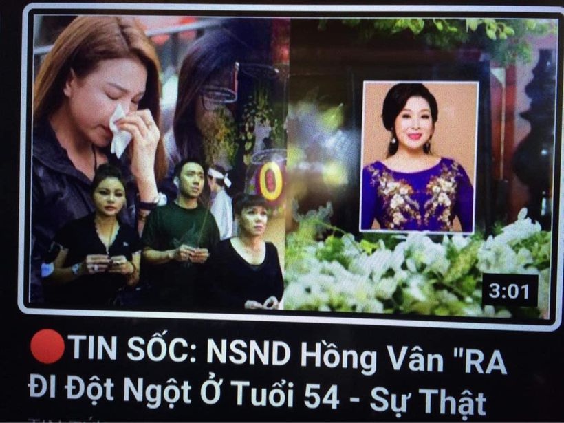 NSND Hồng Vân sốc khi một kênh YouTube tung tin đồn cô qua đời ở tuổi 54.